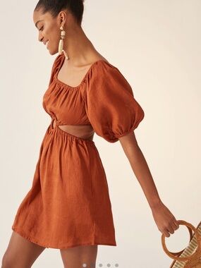 Faithfull the Brand Square Neck Rust Puff-Sleeve Cutout Mini Dress Size S/4